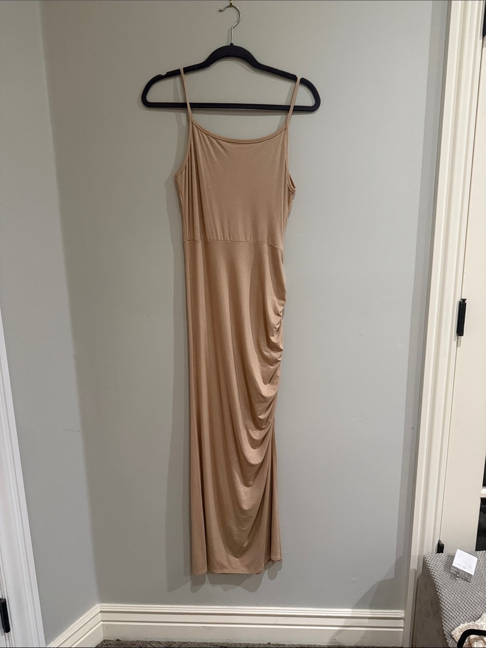 Sleeveless Beige Ruched Midi Dress - Size M